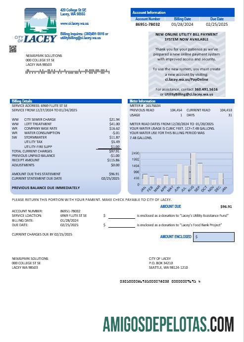 imprimível Modelo de conta de serviços públicos, cidade de Lacey Water, EUA, Washington, em formatos Word e PDF (comprovante de endereço)